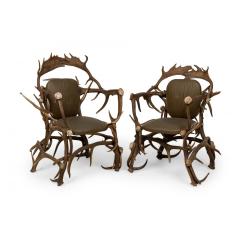 Pair of Rustic Continental Style Dark Olive Green Leather and Faux Antler Armcha - 4646639