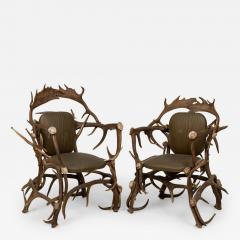 Pair of Rustic Continental Style Dark Olive Green Leather and Faux Antler Armcha - 4646650