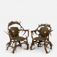 Pair of Rustic Continental Style Olive Green Leather and Faux Antler Armchairs - 2799024
