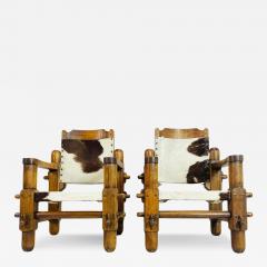 Pair of Safari Style Chairs With Cowhide Upholstery Brazil 1960s - 4130062