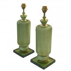 Pair of Sage Green Plisse Palazzo Murano Glass Table Lamps - 4778243