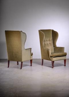 Pair of Scandinavian Modern green velour wingback lounge chairs - 1960496
