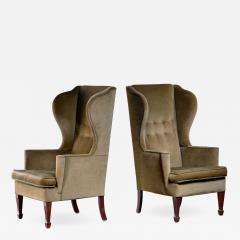 Pair of Scandinavian Modern green velour wingback lounge chairs - 1962605