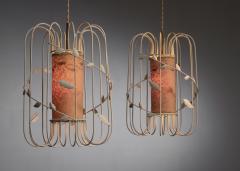 Pair of Scandinavian Modern metal cage pendants - 3671651