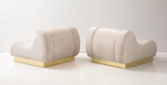 Pair of Sculptural Lounge Chairs in High Pile Beige Velvet Brass Plinth Italy - 3727362