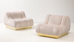 Pair of Sculptural Lounge Chairs in High Pile Beige Velvet Brass Plinth Italy - 3727366