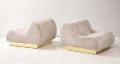 Pair of Sculptural Lounge Chairs in High Pile Beige Velvet Brass Plinth Italy - 3727368