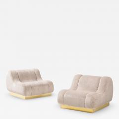 Pair of Sculptural Lounge Chairs in High Pile Beige Velvet Brass Plinth Italy - 3728251