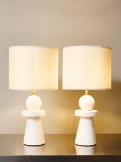 Pair of Sculptural Modern Plaster Table Lamps with Linen Shades - 4693790