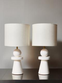 Pair of Sculptural Modern Plaster Table Lamps with Linen Shades - 4693792