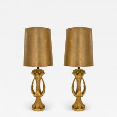 Pair of Sculptural Table Lamps in Gilded Plaster with Gold Leaf Shades 1971 - 3908893