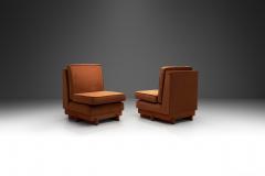Pair of Sculptural Wooden Lounge Chairs with Cognac Upholstery Europe 1970s - 3657261