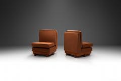 Pair of Sculptural Wooden Lounge Chairs with Cognac Upholstery Europe 1970s - 3657262