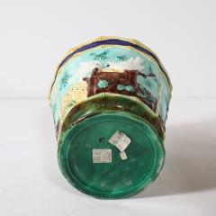 Pair of Signed Majolica Ceramic Cachepots w Birds Nests Bamboo Border Detail - 4745535