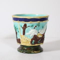 Pair of Signed Majolica Ceramic Cachepots w Birds Nests Bamboo Border Detail - 4745542
