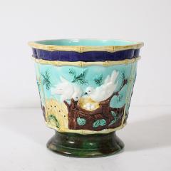 Pair of Signed Majolica Ceramic Cachepots w Birds Nests Bamboo Border Detail - 4745545