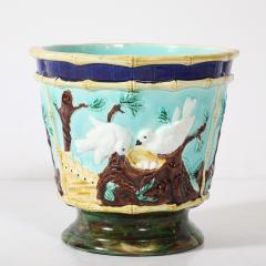 Pair of Signed Majolica Ceramic Cachepots w Birds Nests Bamboo Border Detail - 4745553