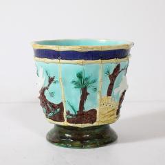 Pair of Signed Majolica Ceramic Cachepots w Birds Nests Bamboo Border Detail - 4745569