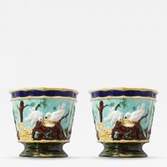 Pair of Signed Majolica Ceramic Cachepots w Birds Nests Bamboo Border Detail - 4746388