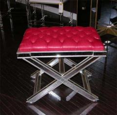 Pair of Silver Trim Mirrored X Band Benches with Red Tufted Leather Top - 3107763