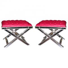 Pair of Silver Trim Mirrored X Band Benches with Red Tufted Leather Top - 3107764