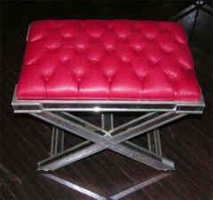 Pair of Silver Trim Mirrored X Band Benches with Red Tufted Leather Top - 3107765