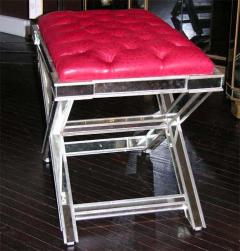 Pair of Silver Trim Mirrored X Band Benches with Red Tufted Leather Top - 3107768