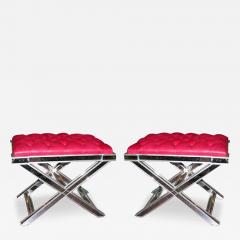 Pair of Silver Trim Mirrored X Band Benches with Red Tufted Leather Top - 3116153