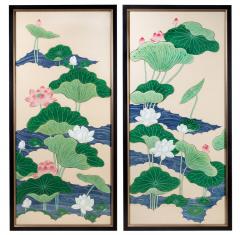Pair of Single Panel Screens Lotus in Bloom - 3158381