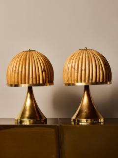 Pair of Small Brass Table Lamps with Bamboo Shades - 4693430
