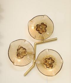 Pair of Smoked Murano Flower Floral Glass and Brass Sconces Italy - 4441128