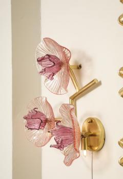 Pair of Smoked Murano Flower Floral Glass and Brass Sconces Italy - 4441141