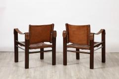 Pair of Spanish 1920s Pebbled Leather and Chrome Safari Armchairs - 3362557