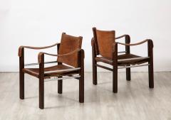 Pair of Spanish 1920s Pebbled Leather and Chrome Safari Armchairs - 3362558