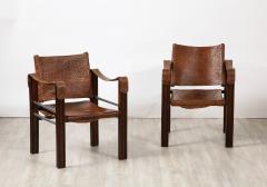 Pair of Spanish 1920s Pebbled Leather and Chrome Safari Armchairs - 3362563