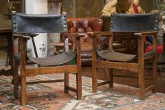 Pair of Spanish Baroque Chestnut and Leather Armchairs - 2240922