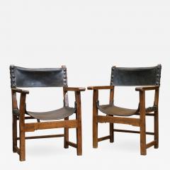 Pair of Spanish Baroque Chestnut and Leather Armchairs - 2240966
