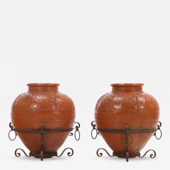 Pair of Spanish Earthenware Pots on Wrought Iron Bases C 1940 - 4620614