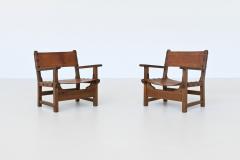 Pair of Spanish brutalist lounge chairs oak and saddle leather Spain 1960 - 3990740