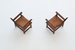 Pair of Spanish brutalist lounge chairs oak and saddle leather Spain 1960 - 3990741