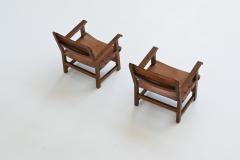 Pair of Spanish brutalist lounge chairs oak and saddle leather Spain 1960 - 3990743