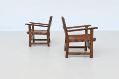 Pair of Spanish brutalist lounge chairs oak and saddle leather Spain 1960 - 3990744