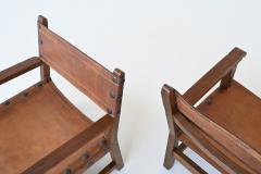 Pair of Spanish brutalist lounge chairs oak and saddle leather Spain 1960 - 3990745