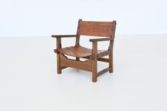 Pair of Spanish brutalist lounge chairs oak and saddle leather Spain 1960 - 3990748