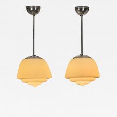 Pair of Stepped Opal Glass Pendant Lamps with Metal Frame Europe 1940s - 4277036
