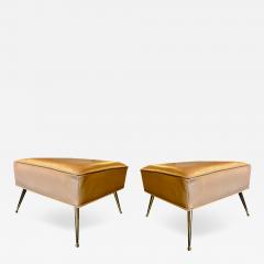 Pair of Stools in Camel Italian Leather With Solid Brass Legs With Ball Feet - 3976711