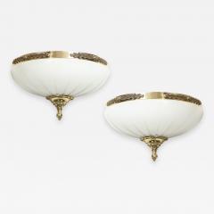 Pair of Striated Neoclassical Style Alabaster Brass Sconces w Foliate Details - 2094529