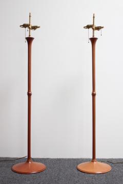 Pair of Studio Craft Sculptural Cherry Wood and Brass Floor Lamps with Shades - 2985444