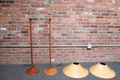 Pair of Studio Craft Sculptural Cherry Wood and Brass Floor Lamps with Shades - 2985445