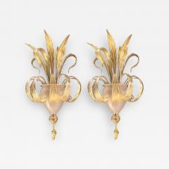 Pair of Sumptuous Gold Murano Glass Leave Wall Sconces - 2674269